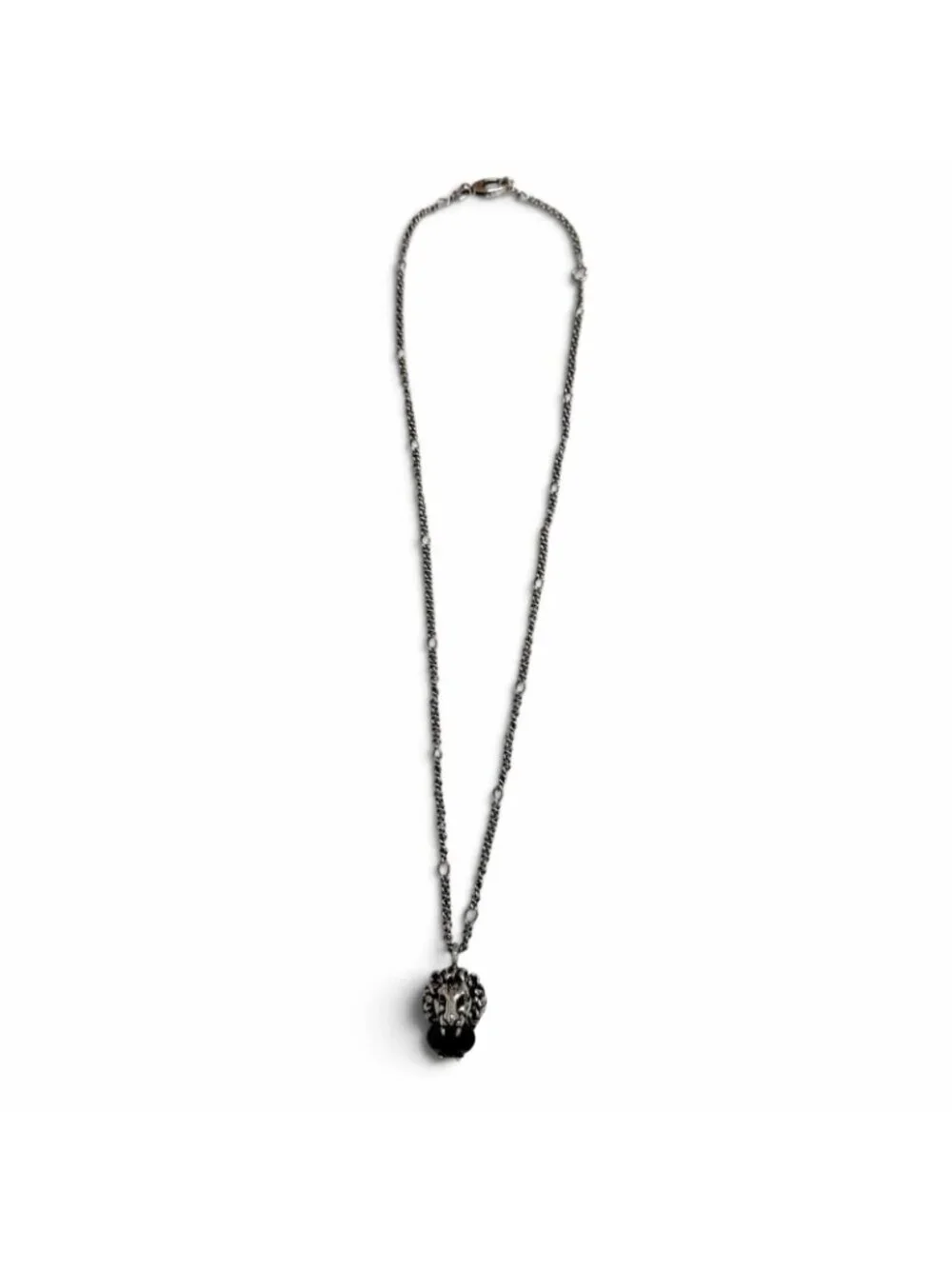 Gucci Lion Head Black Crystal Aged Pendant Silver Necklace
